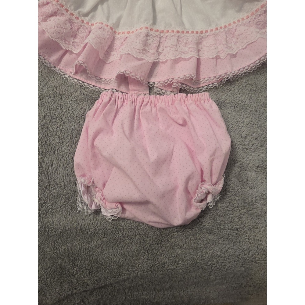 Vintage Baby Girl 3-6 mos Dress Puff Sleeve Waterproof Bottoms Pink Lace - Picture 4 of 6